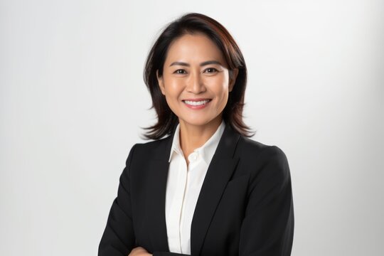 Portrait of asian businesswoman in black suit on white background