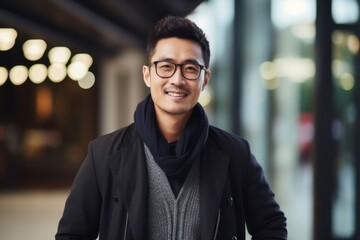 Obraz premium Portrait of a handsome young asian man in black coat and eyeglasses