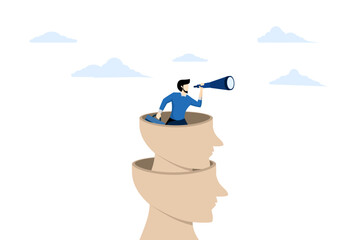 looking for new opportunities to add knowledge or business or organizational strategy. Vision of Business Leaders. Big human head and a man with binoculars looking for a business goal.