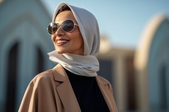 Portrait of a beautiful young muslim woman wearing hijab and sunglasses