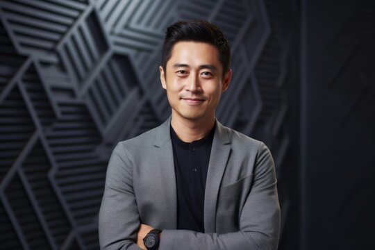 Portrait of a handsome asian man in grey suit on black background