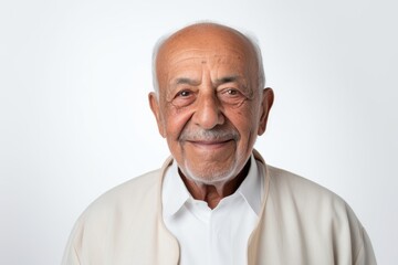Portrait of a senior asian man smiling on white background.