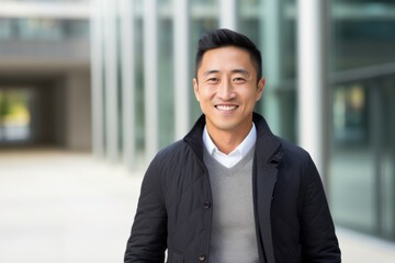 Portrait of a happy asian man smiling at the camera outdoors