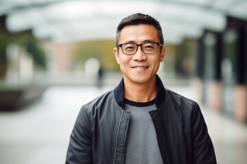 Portrait of a smiling Asian man with eyeglasses standing outside