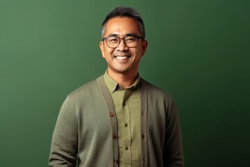 Fototapeta premium Portrait of a smiling asian man in eyeglasses against green chalkboard