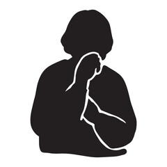 物思いにふけるマチュア・シニア世代女性のシルエットイラスト　黒