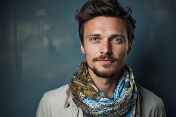 Portrait of a handsome young man with beard and mustache wearing a scarf.