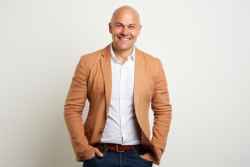 Portrait of a happy bald man in a jacket, isolated on white background