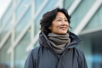 Portrait of happy mature Asian woman in winter jacket and scarf outdoors