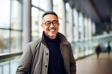 Fototapeta premium portrait of smiling asian man in coat and eyeglasses