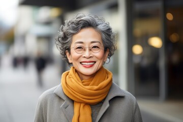 Lifestyle portrait photography of a pleased Chinese woman in her 50s wearing a chic cardigan against a modern architectural background  - obrazy, fototapety, plakaty