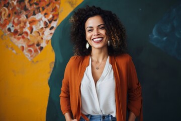 Portrait of a smiling young woman with curly hair standing at the wall