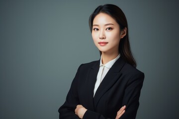 Portrait of young asian businesswoman looking at camera isolated on grey background