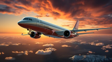 Fototapeta na wymiar Commercial airplane flying above clouds in dramatic sunset light. High resolution of image. Fast Travel and transportation concept