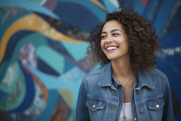 Portrait of a beautiful young woman with curly hair smiling outdoors.