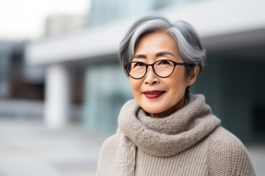 Portrait of asian senior woman wearing eyeglasses in the city