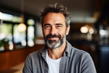 Portrait of a handsome middle-aged man smiling in a cafe