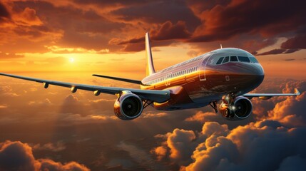Fototapeta na wymiar Commercial airplane flying above clouds in dramatic sunset light. High resolution of image. Fast Travel and transportation concept