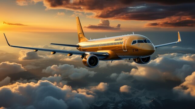 Commercial airplane flying above clouds in dramatic sunset light. High resolution of image. Fast Travel and transportation concept