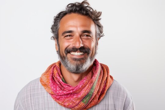 Portrait Of A Bearded Indian Man With A Colorful Scarf On White Background