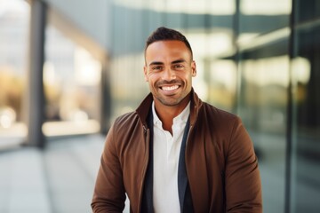 Portrait of a smiling young businessman standing in an office building outdoors