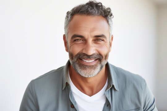 Portrait of handsome mature man smiling at camera in a white room