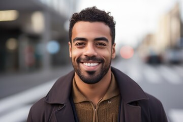 Naklejka premium Portrait of a handsome young latin man smiling in the city