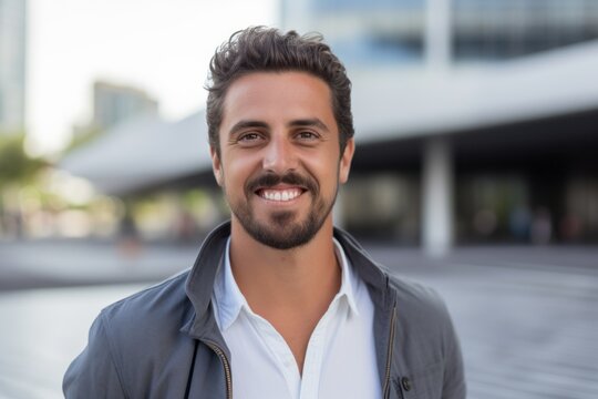 Close-up portrait photography of a pleased Brazilian man in his 30s wearing a chic cardigan against a modern architectural background 