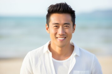 Handsome asian man smiling at camera on the beach.