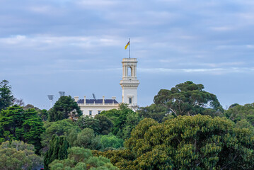 View of gardens surrounding the Government House in Melbourne, Australia. Located in the Kings...