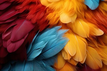 Fototapeta premium Colorful of Scarlet macaw bird's feathers with red yellow orange and blue shades, exotic nature background and texture