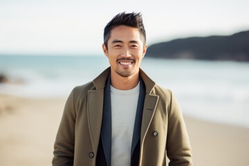 Portrait of handsome asian man smiling at camera on the beach