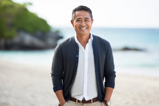 Group portrait photography of a satisfied Indonesian man in his 40s wearing a chic cardigan against a beach background 
