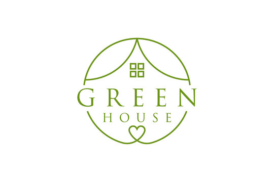 Green house logo design love roof home shape line stye leaf environment icon symbol