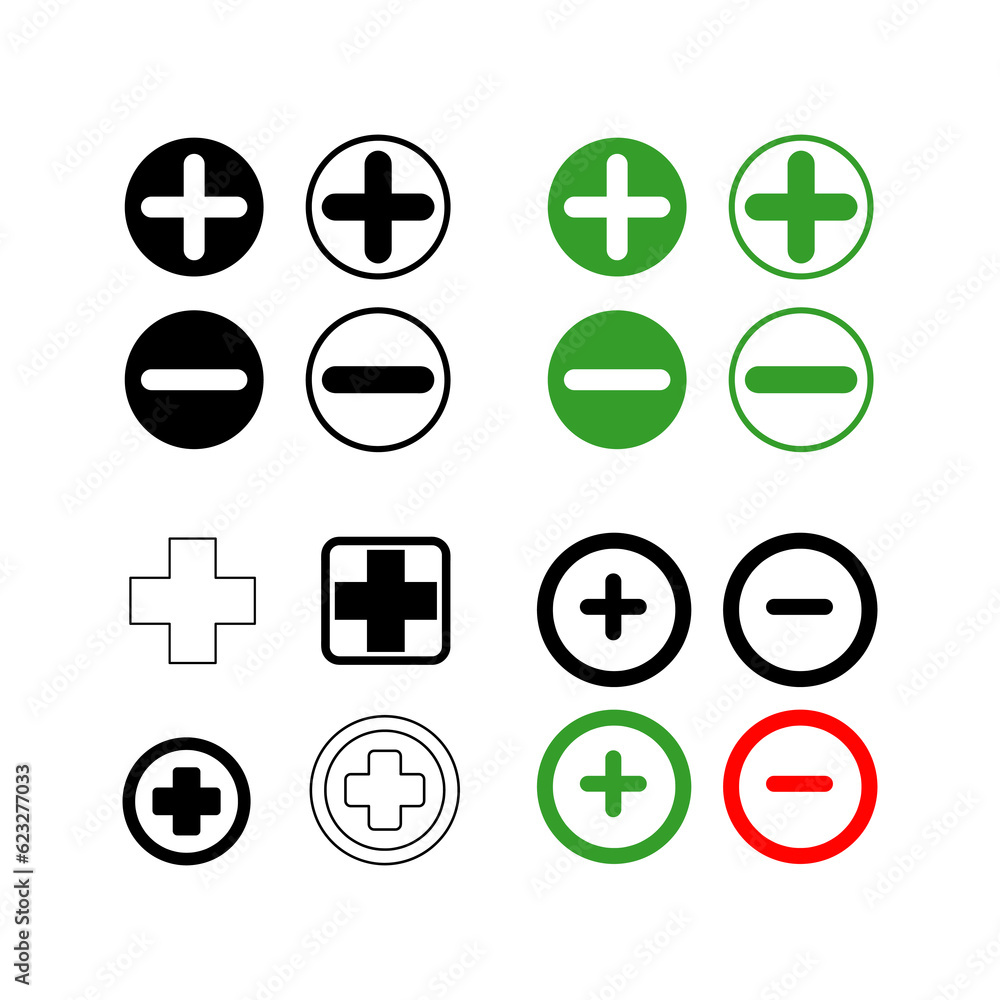 Poster plus and minuse icon set, green plus and red minus. vector illustration..eps