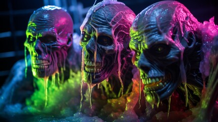 pink and green zombie skeletons dripping slime - obrazy, fototapety, plakaty