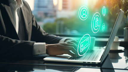 Business man typing on a laptop with secure data transfer and transaction concept.  Digital business