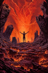 Adventurer Conquering the Volcano: A Person Standing on Lava Rock - generative ai