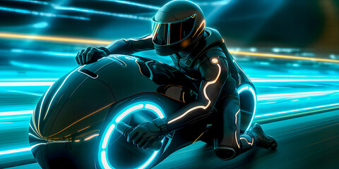 Futuristic Motorcyclist in Sci-Fi Film - generative ai - obrazy, fototapety, plakaty