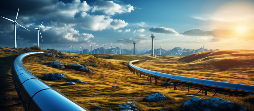Hydrogen pipeline with wind turbines. Green Hydrogen Energy