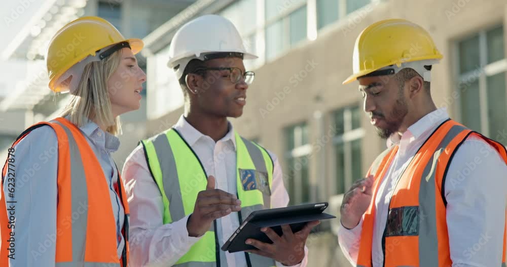 Aufkleber architecture, tablet and people with manager for building development, progress and group planning a