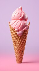 Ice cream cone waffle with strawberry topping background. AI Generated