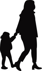 a woman and son walking, silhouette vector