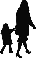 a woman and son walking, silhouette vector