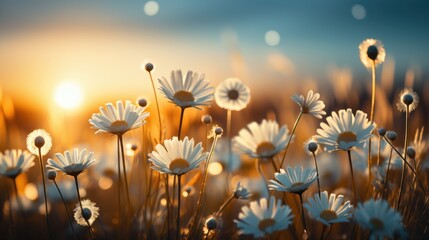 Beautiful summer natural background with yellow white flowers daisies, clovers and dandelions in grass against of dawn morning. - obrazy, fototapety, plakaty