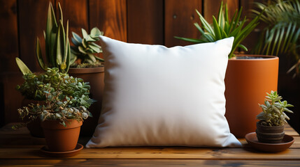 Obraz premium comfortable white cushion on a wooden platform mockup, generative ai