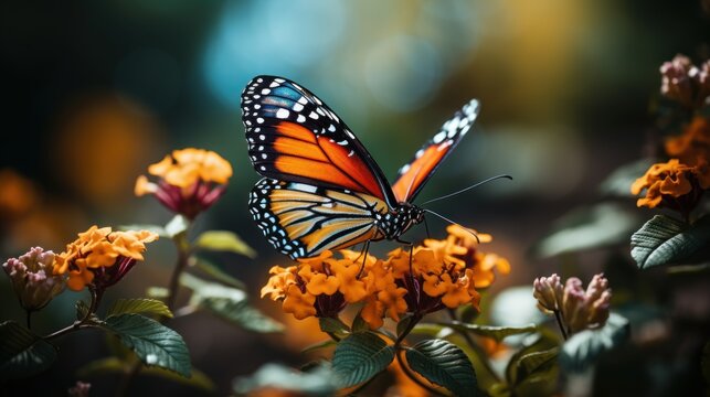 Beautiful image in nature of monarch butterfly on lantana flower 
