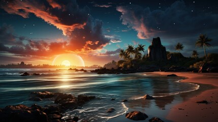 Beautiful fantasy tropical beach with Milky Way star in night skies, full moon - Retro style artwork with vintage color tone