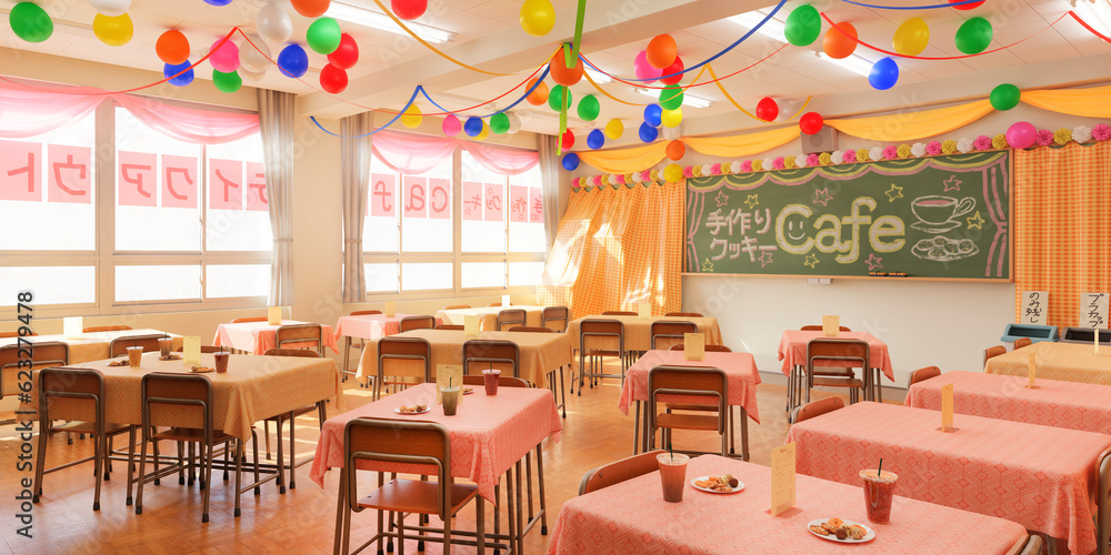 Fototapete 賑やかに飾り付けられた文化祭当日の教室 / スクールイベント・学園ロケーション・青春とノスタルジーのコンセプトイメージ / 3dレンダリング