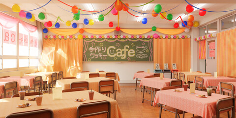 賑やかに飾り付けられた文化祭当日の教室 / スクールイベント・学園ロケーション・青春とノスタルジーのコンセプトイメージ / 3Dレンダリング
